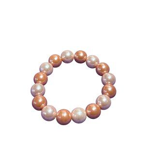 Vintage Two Tone Pink Plastic Faux Pearl Beaded Stretchy Bracelet 6 inches